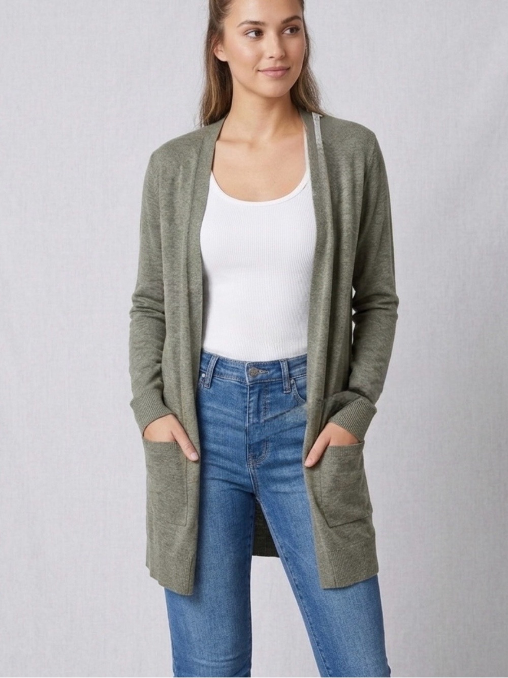 Matty M Heather Olive Boyfriend Cardigan Sweater Open Front Pockets XL NWT